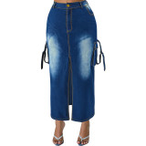 Plus Size Women's Denim Fashion Pocket Slit Long Skirt