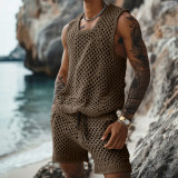 Summer Casual Sleeveless Men's Crochet Tank Top Shorts Two Piece Set