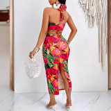 Summer Women's Print Halter Neck Sexy Slim Two Piece Skirt Set