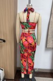 Summer Women's Print Halter Neck Sexy Slim Two Piece Skirt Set