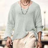 Autumn Solid Color Men's V-Neck Long Sleeve Top Loose Men's Hollow Knitting Sweater