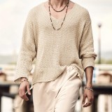 Autumn Solid Color Men's V-Neck Long Sleeve Top Loose Men's Hollow Knitting Sweater