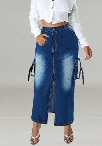 Plus Size Women's Denim Fashion Pocket Slit Long Skirt