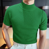 Summer Casual Simple Knitting Basic Shirt Men's High Neck Solid Color T-Shirt