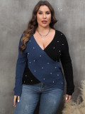 Women's Pearl Plus Size Contrast Color Cross Deep V Neck Sexy Sweater