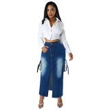 Plus Size Women's Denim Fashion Pocket Slit Long Skirt