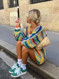 Autumn Contrast Crochet Coat Colorful Striped Knitting Loose Cardigan Sweater