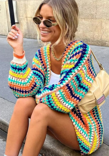 Autumn Contrast Crochet Coat Colorful Striped Knitting Loose Cardigan Sweater