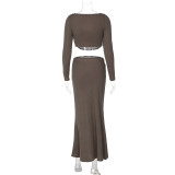 Women's Summer Long Sleeve Rib Two-Piece Fashion Casual Long Skirt Set