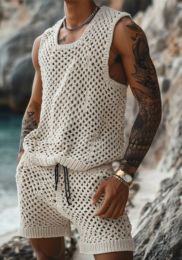 Summer Casual Sleeveless Men's Crochet Tank Top Shorts Two Piece Set