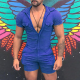 Summer Men's Casual Sports Slim Fit Zipper Short Sleeve Shorts Jumpsuit