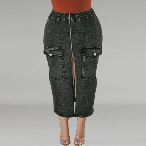 Plus Size Women's Denim Slim Fit Zipper Pocket Long Skirt