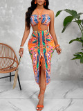 Women's Summer Print Strapless Sexy Two Piece Skirt Set