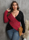 Women's Pearl Plus Size Contrast Color Cross Deep V Neck Sexy Sweater