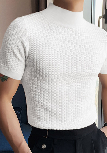 Summer Casual Simple Knitting Basic Shirt Men's High Neck Solid Color T-Shirt