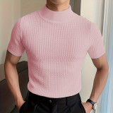 Summer Casual Simple Knitting Basic Shirt Men's High Neck Solid Color T-Shirt