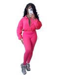 Casual Women's Zipper Elastic Buckle Slim Waist Long Sleeve Sport Two-Piece Pants Set