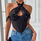 Pearl Mesh Halter Neck Fishbone Slim Waist Vest