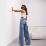 Straight Ripped Denim Pants Women's Summer Wide Leg Jeans