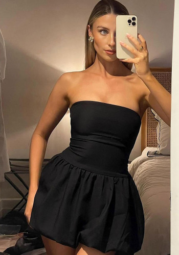 Women's Summer Fashion Sexy Solid Color Strapless Slim Waist A-Line Dress