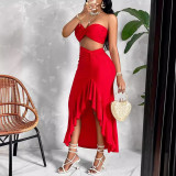 Women's Summer Solid Color Strapless Ruffled Slit Long Skirt Set