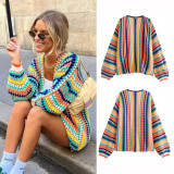 Autumn Contrast Crochet Coat Colorful Striped Knitting Loose Cardigan Sweater