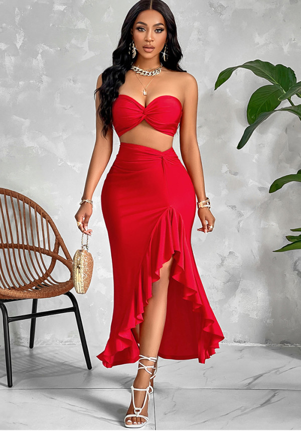 Women's Summer Solid Color Strapless Ruffled Slit Long Skirt Set