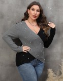 Women's Pearl Plus Size Contrast Color Cross Deep V Neck Sexy Sweater