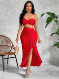 Women's Summer Solid Color Strapless Ruffled Slit Long Skirt Set