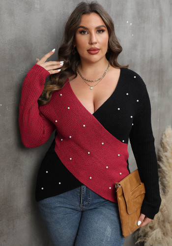 Women's Pearl Plus Size Contrast Color Cross Deep V Neck Sexy Sweater