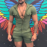 Summer Men's Casual Sports Slim Fit Zipper Short Sleeve Shorts Jumpsuit