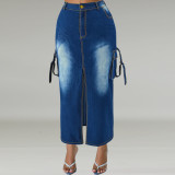 Plus Size Women's Denim Fashion Pocket Slit Long Skirt