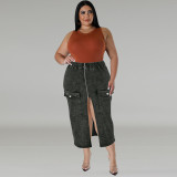 Plus Size Women's Denim Slim Fit Zipper Pocket Long Skirt