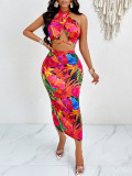 Summer Women's Print Halter Neck Sexy Slim Two Piece Skirt Set