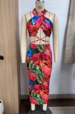 Summer Women's Print Halter Neck Sexy Slim Two Piece Skirt Set