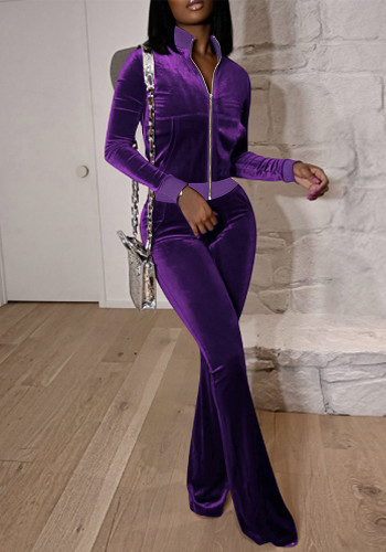 Women's Autumn Winter Chic Elegant Solid Color Slim Sports Two Piece Tracksuit