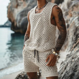 Summer Casual Sleeveless Men's Crochet Tank Top Shorts Two Piece Set