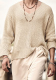 Autumn Solid Color Men's V-Neck Long Sleeve Top Loose Men's Hollow Knitting Sweater