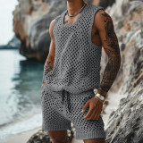 Summer Casual Sleeveless Men's Crochet Tank Top Shorts Two Piece Set