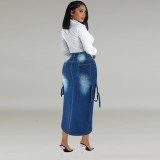 Plus Size Women's Denim Fashion Pocket Slit Long Skirt