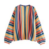 Autumn Contrast Crochet Coat Colorful Striped Knitting Loose Cardigan Sweater