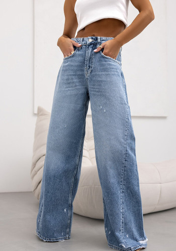 Straight Ripped Denim Pants Women's Summer Wide Leg Jeans