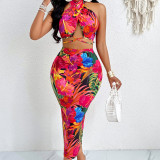 Summer Women's Print Halter Neck Sexy Slim Two Piece Skirt Set