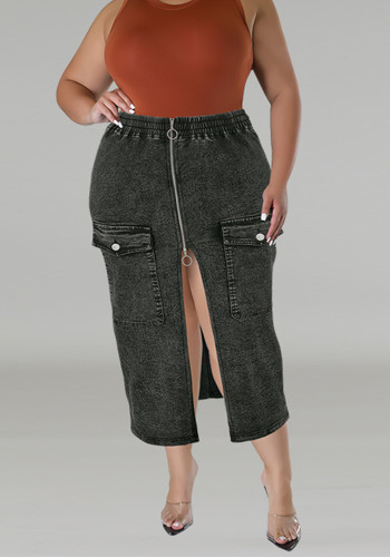 Plus Size Women's Denim Slim Fit Zipper Pocket Long Skirt
