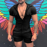 Summer Men's Casual Sports Slim Fit Zipper Short Sleeve Shorts Jumpsuit