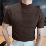 Summer Casual Simple Knitting Basic Shirt Men's High Neck Solid Color T-Shirt