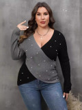 Women's Pearl Plus Size Contrast Color Cross Deep V Neck Sexy Sweater