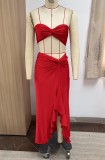 Women's Summer Solid Color Strapless Ruffled Slit Long Skirt Set