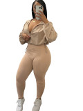 Casual Women's Zipper Elastic Buckle Slim Waist Long Sleeve Sport Two-Piece Pants Set