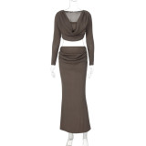 Women's Summer Long Sleeve Rib Two-Piece Fashion Casual Long Skirt Set